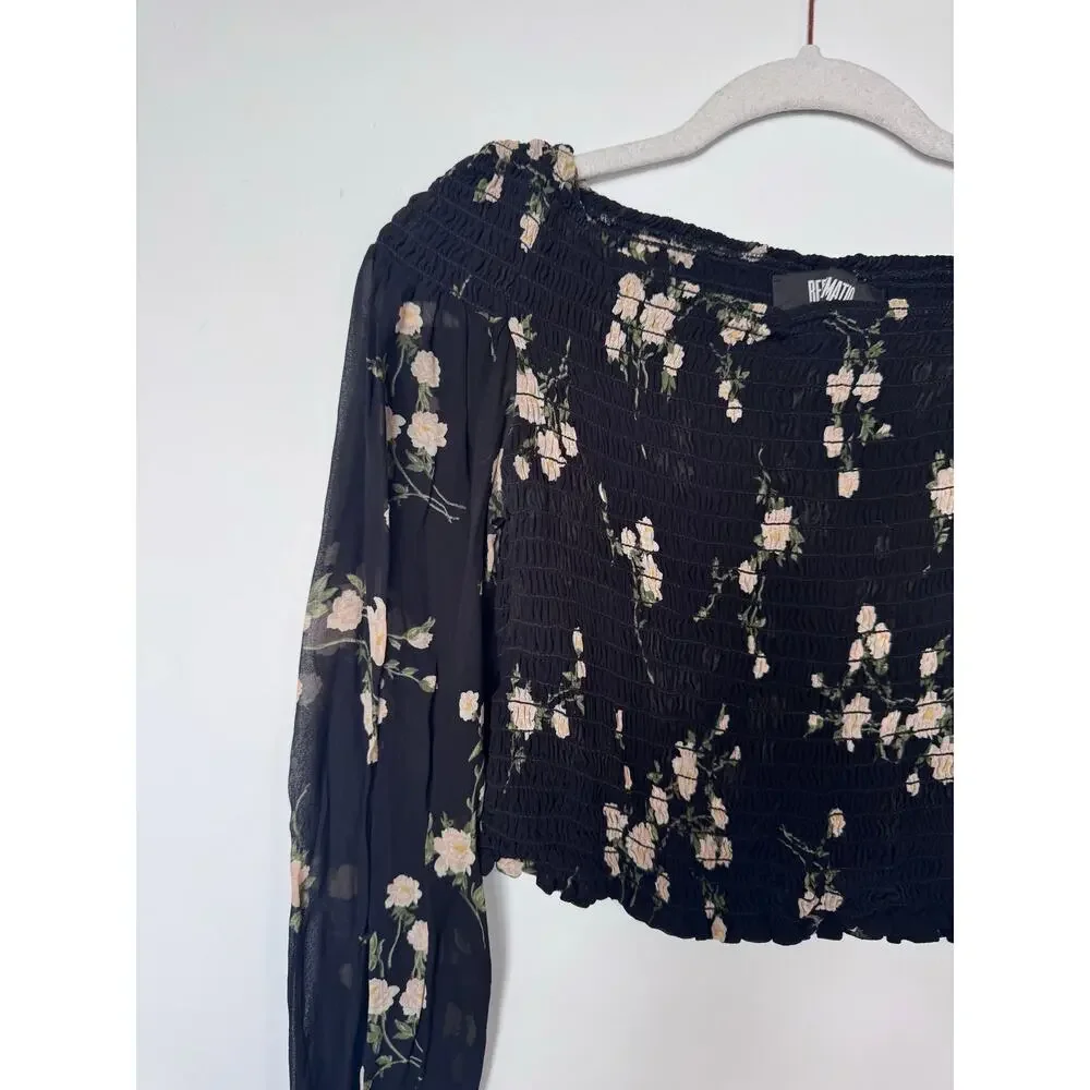 Reformation Milan Smocked Crop Top blouse Black Floral medium smocked romantic
